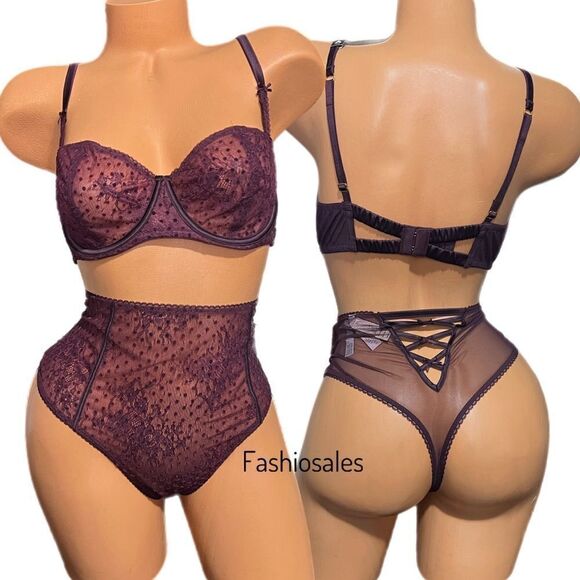 Victoria’s Secret Dream Angels Set dot Mesh Unlined Balconett Bra & Thong wine - Picture 1 of 4